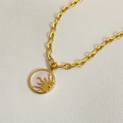 Vintage Sun and Moon Shell Gold Coin Pendant Necklace - Womens