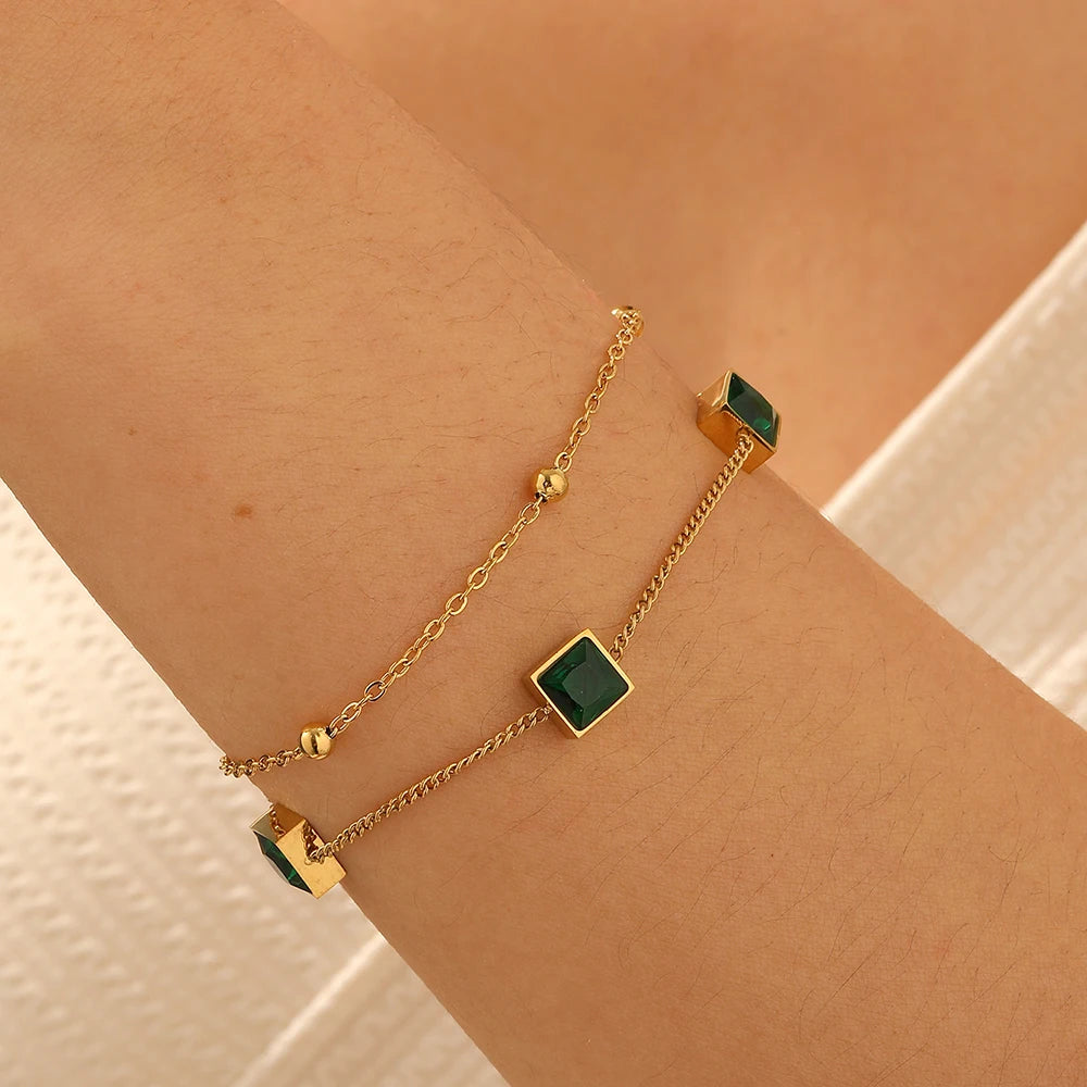 Zircon Emerald Gemstone Inlay Gold Charm Bracelet - Stainless Steel - Womens