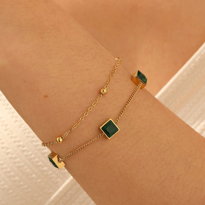 Zircon Emerald Gemstone Inlay Gold Charm Bracelet - Stainless Steel - Womens