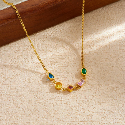 Crystal Rainbow Gemstone Gold Necklace - Stainless Steel - Womens