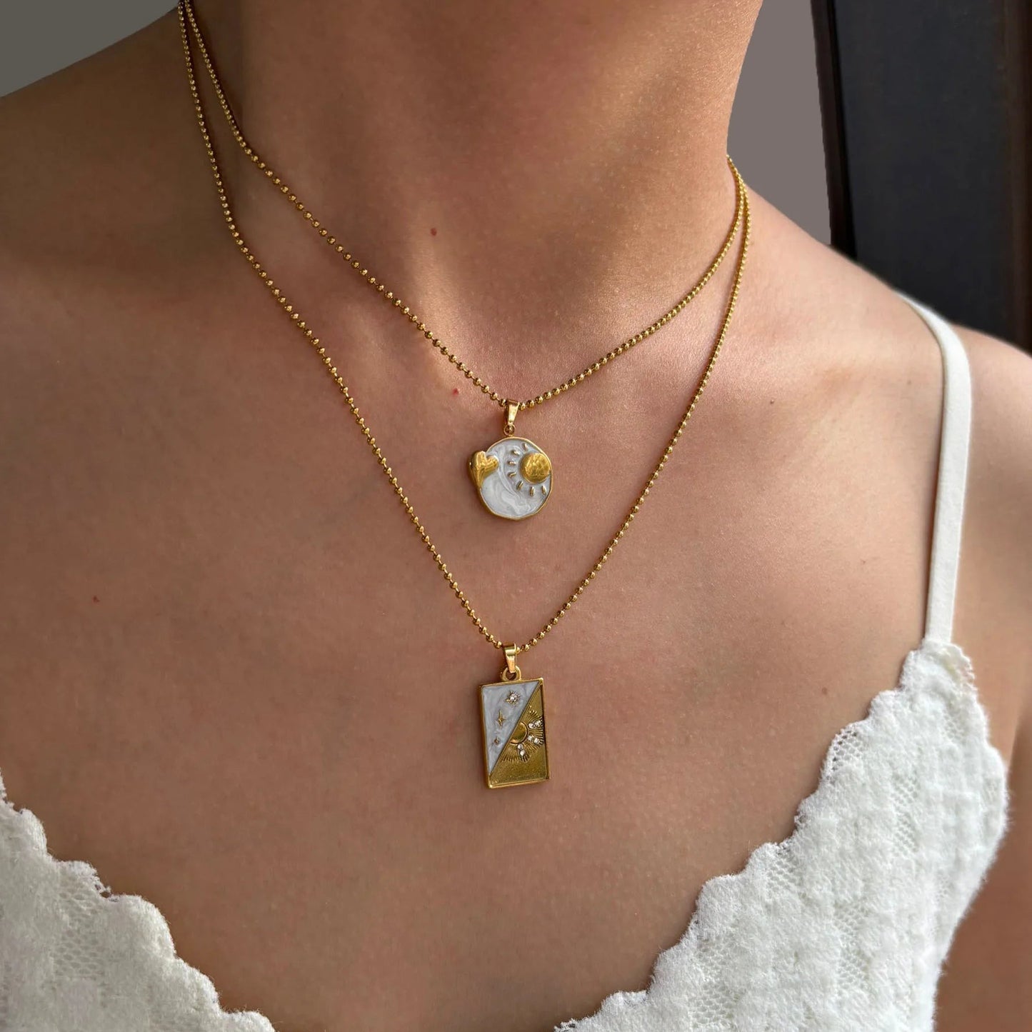 Vintage Black & White Heart Sun Star Pendant Gold Necklace - Womens