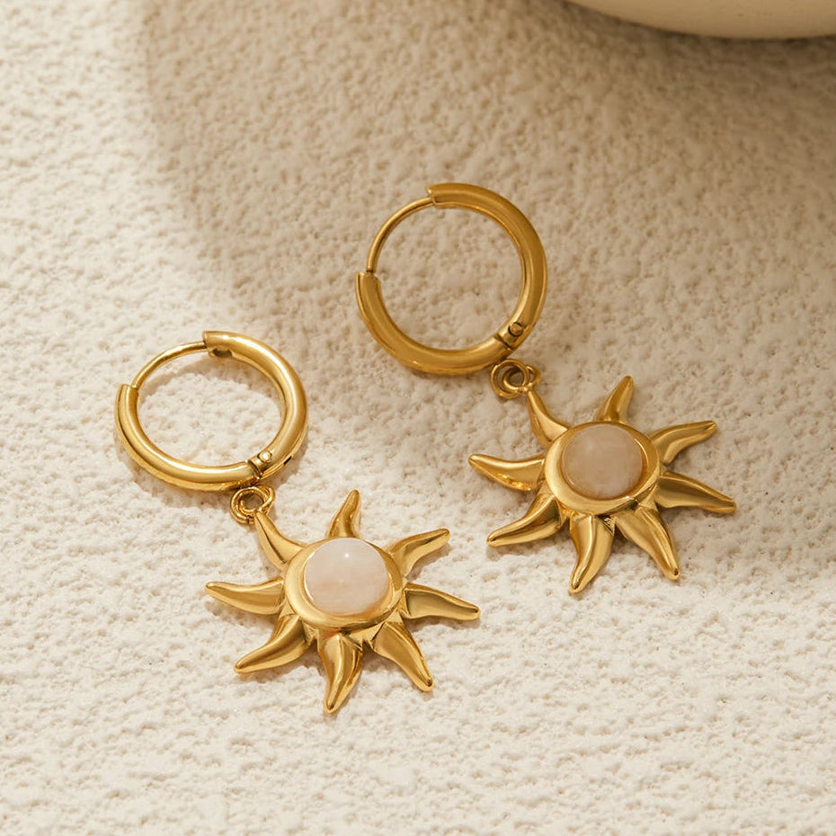 Celestial Moonstone Sun Gold Pendant Dangle Earrings - Womens