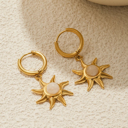 Celestial Moonstone Sun Gold Pendant Dangle Earrings - Womens