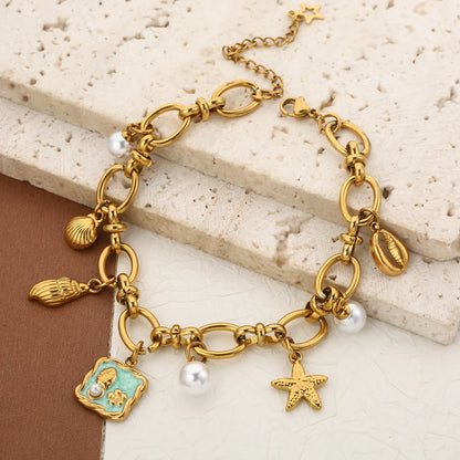 Boho Beach Seashell Pearl Gold Charm Bracelet - Womens