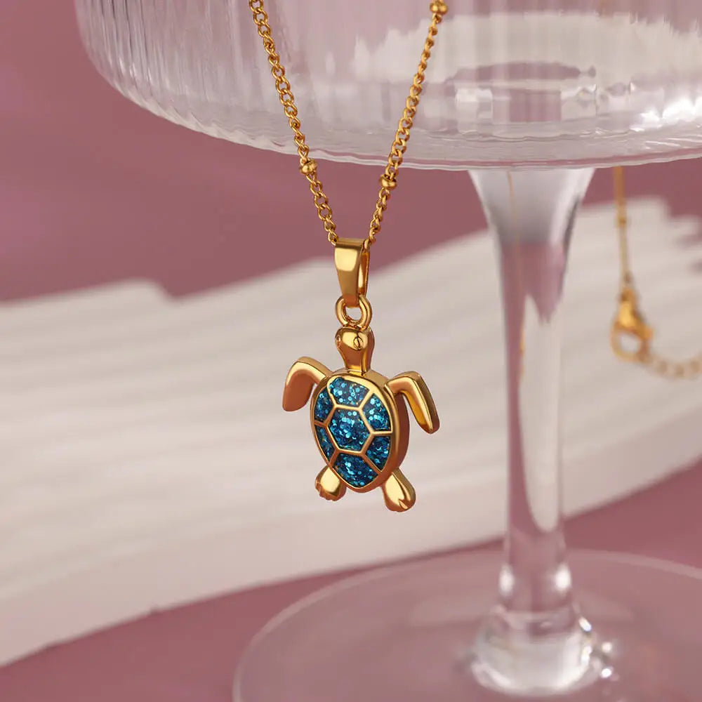 Boho Beach Turtle Pendant White, Blue & Green Charm Necklace - Womens