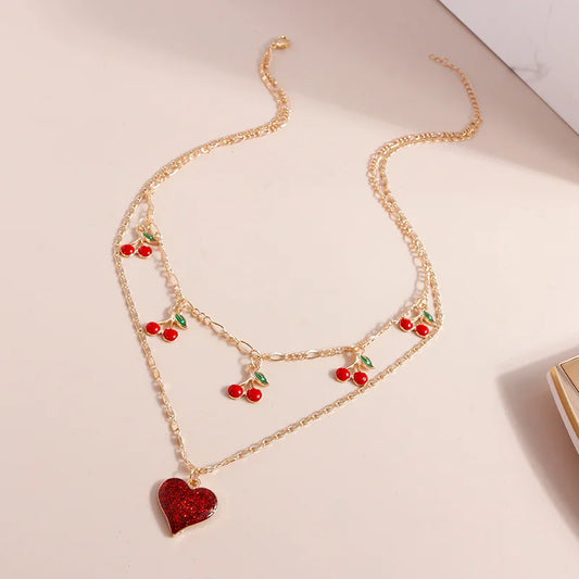 Boho Cherry Red Heart Pendant Gold Charm Necklace - Womens
