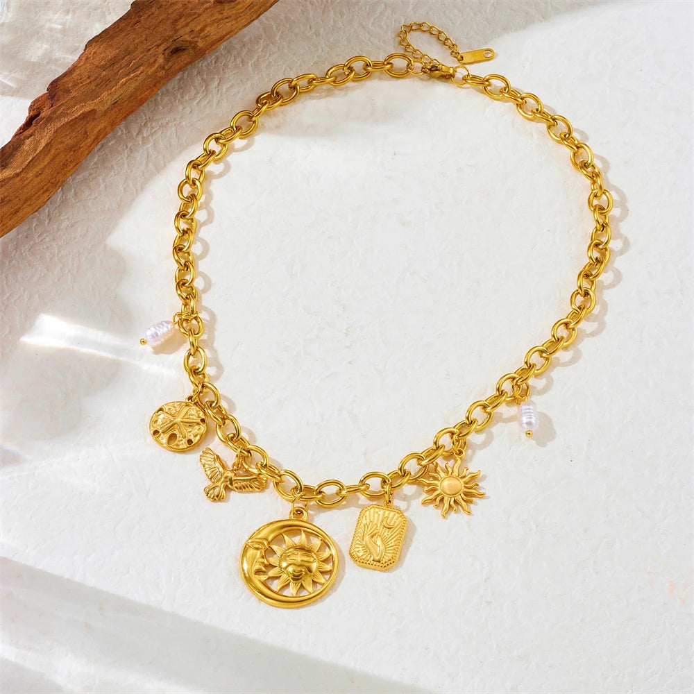 Sun Moon Pearl Pendant Gold Charm Necklace - Adjustable - Womens