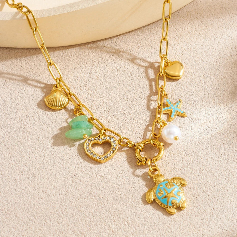 Boho Beach Seashell Turtle Starfish Heart Gold Charm Necklace - Womens