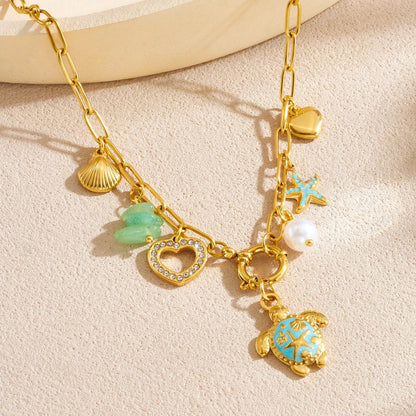 Boho Beach Seashell Turtle Starfish Heart Gold Charm Necklace - Womens