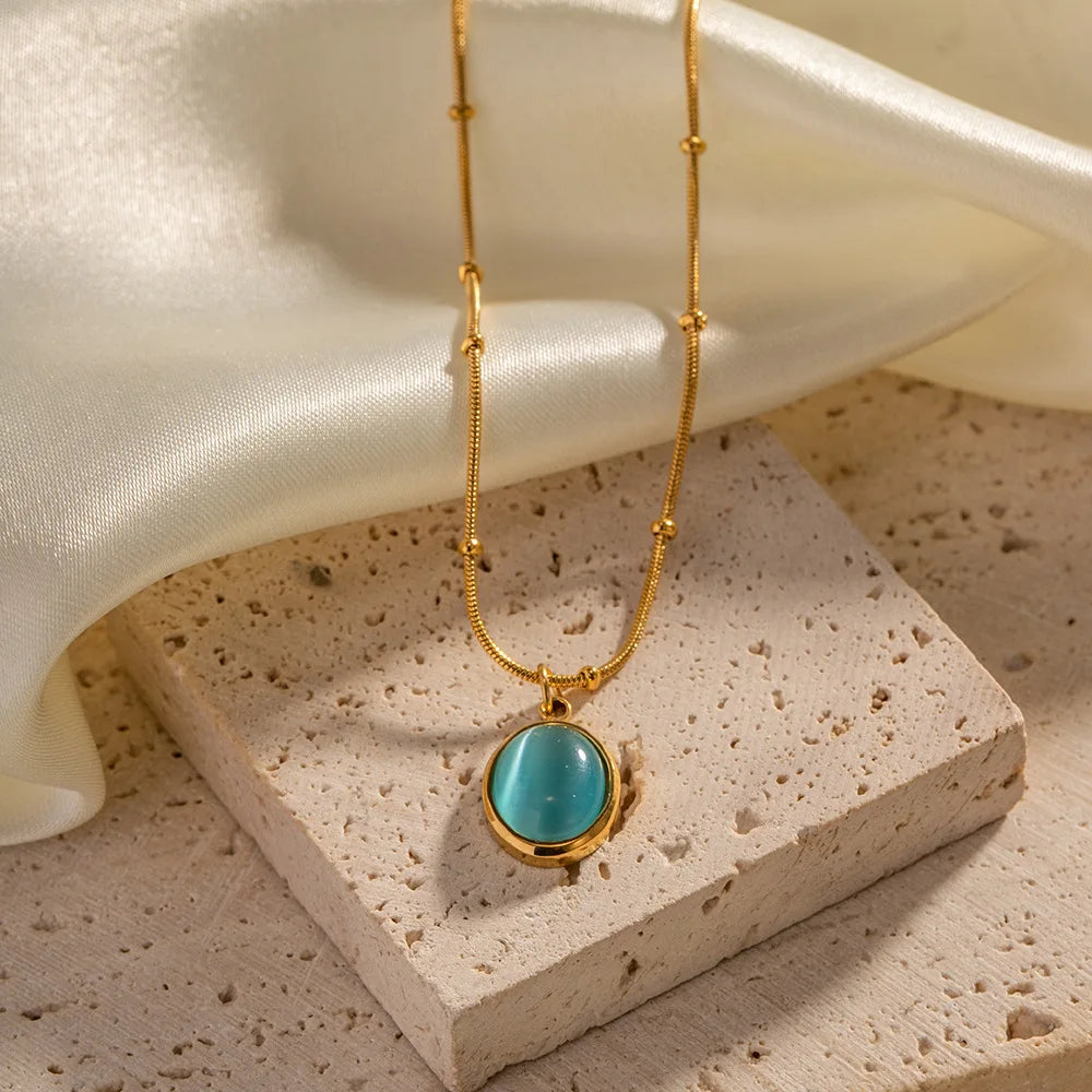 Boho Beach Blue Opal Gemstone Gold Pendant Necklace - Stainless Steel - Womens