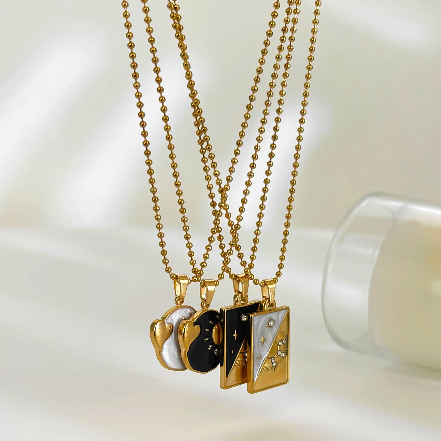 Vintage Black & White Heart Sun Star Pendant Gold Necklace - Womens