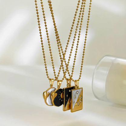 Vintage Black & White Heart Sun Star Pendant Gold Necklace - Womens