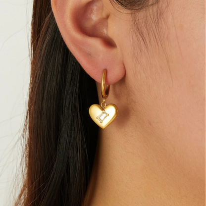 Zircon Crystal Heart Gold Pendant Hoop Earrings - Womens