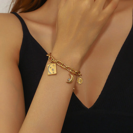 Zircon Inlay Celestial Star Sun and Moon Pendant Gold Charm Bracelet - Stainless Steel - Womens