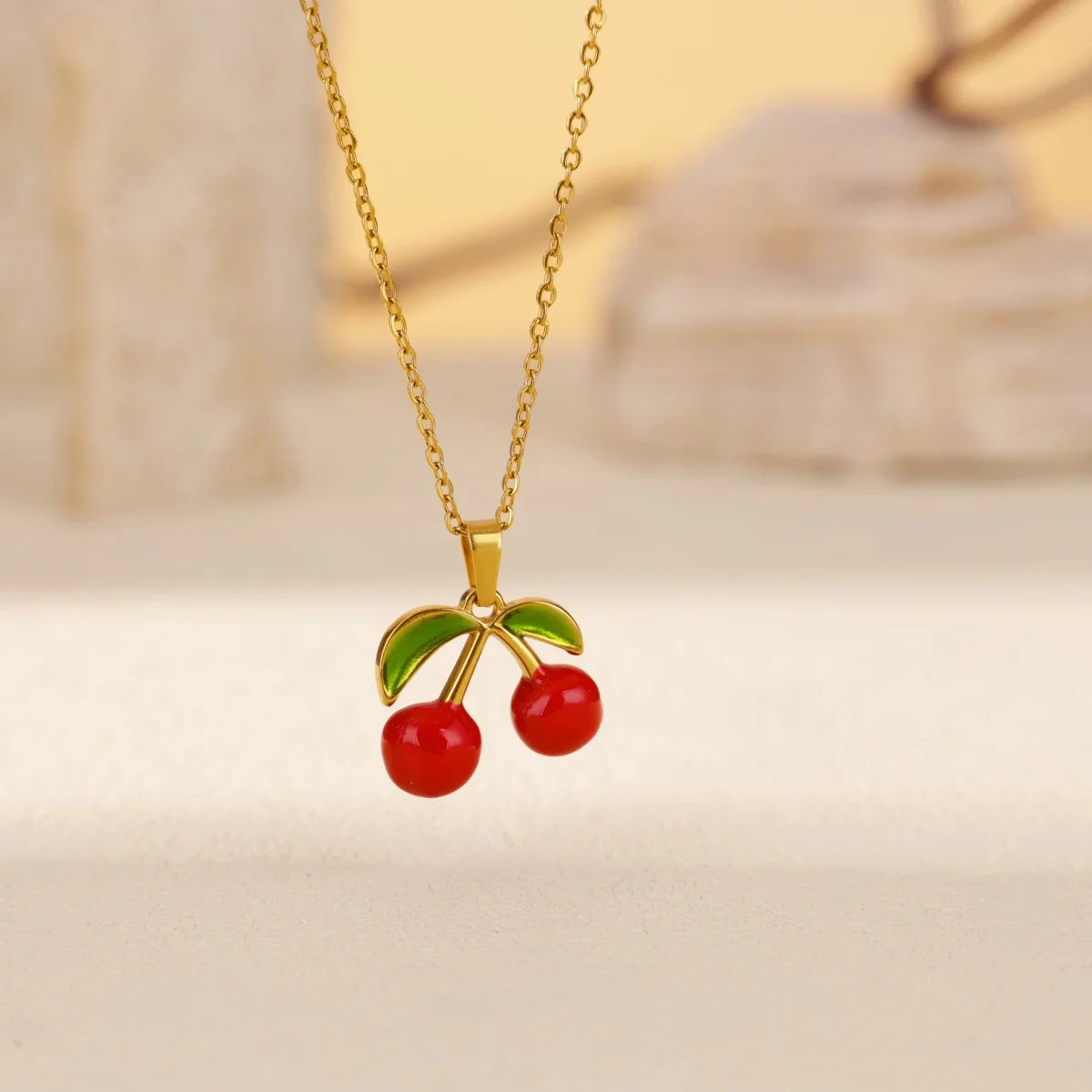 Y2K Red Cherry Gold Pendant Necklace - Womens