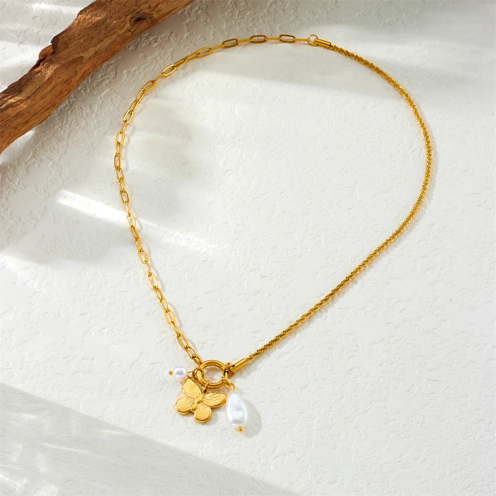 Coquette Pearl Butterfly Gold Pendant Charm Necklace - Womens