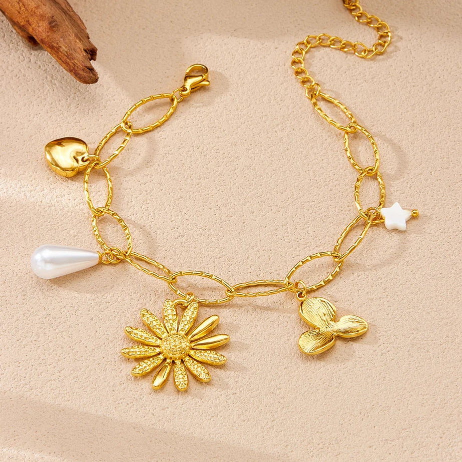 Coquette Flower Heart Chain Gold Pearl Pendant Bracelet - Womens - Adjustable