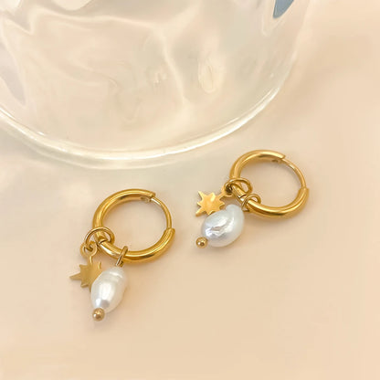 Dainty Star Baroque Pearl Dangle Gold Hoop Earrings - Stainless Steel - Womens