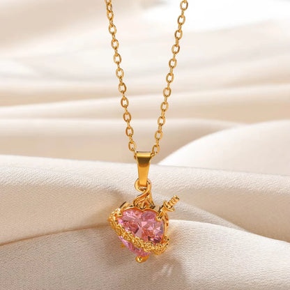 Pink Zircon Rose Heart and Sword Gold Pendant Valentine's Necklace - Womens