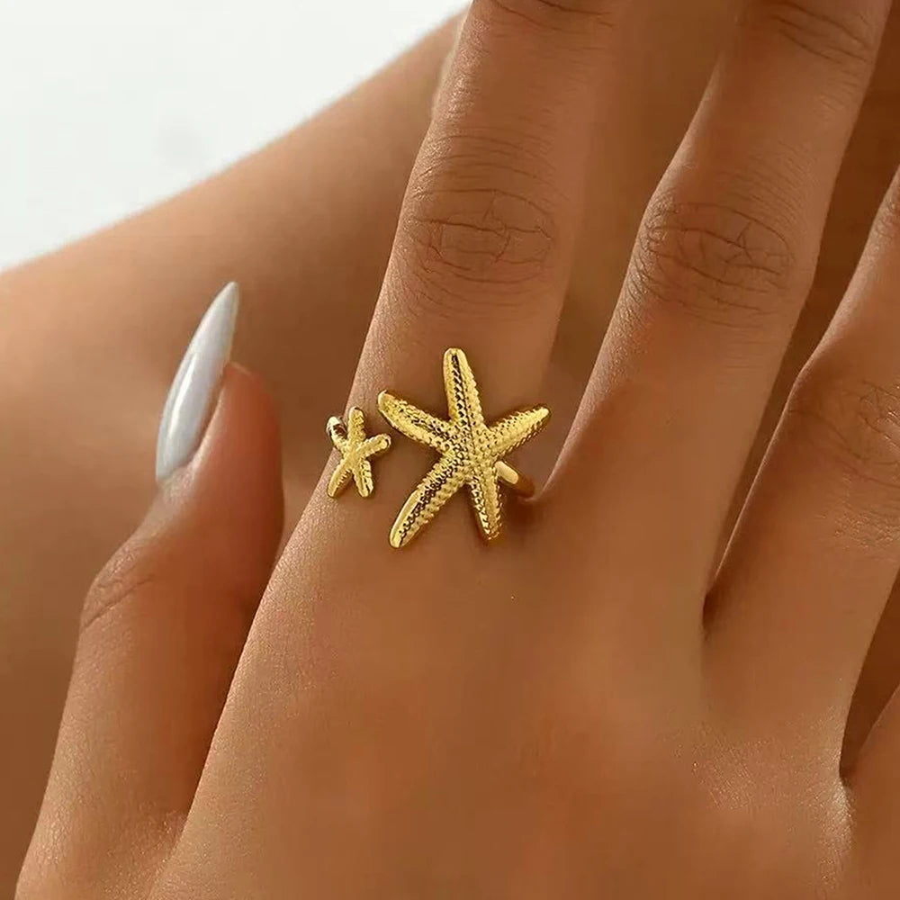 Boho Mermaidcore Starfish Adjustable Ring - Gold & Silver - Womens