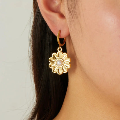 Boho Flower Pearl Pendant Gold Hoop Earrings - Womens