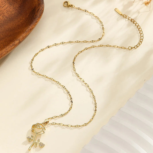 Dainty Flower Rose Gold Pendant Necklace - Womens