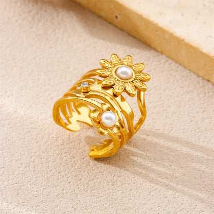 Boho Flower Pearl Inlay Gemstone Adjustable Gold Ring - Stainless Steel - Womens