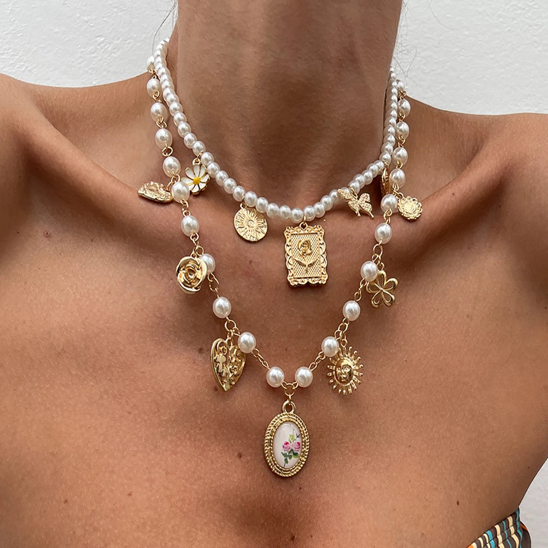 Coquette Heart Butterfly Flower Layered Pearl Pendant Charm Necklace - Womens