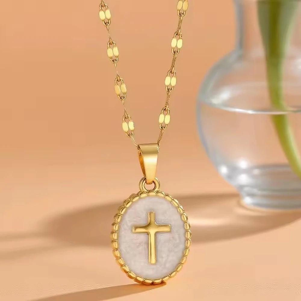 Opal Gold Cross Pendant Necklace - Womens