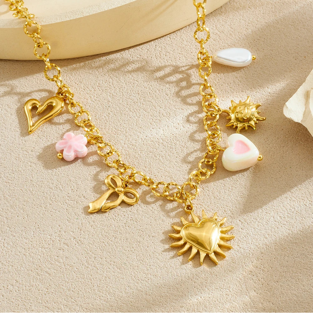 Heart Bow Flower Sun Pendant Gold Charm Necklace - Stainless Steel - Womens