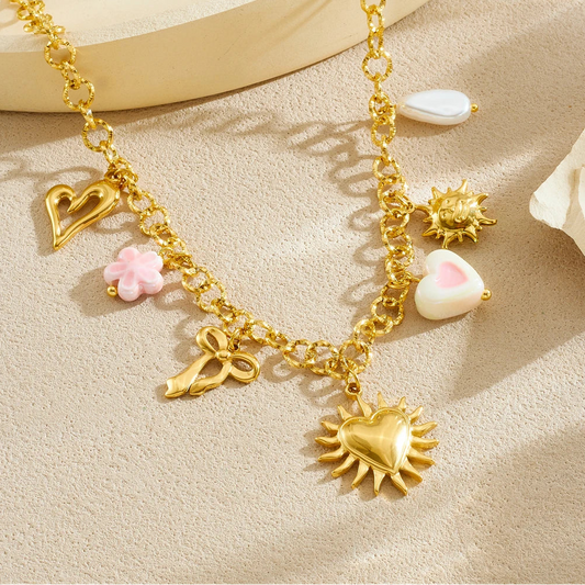 Heart Bow Flower Sun Pendant Gold Charm Necklace - Stainless Steel - Womens