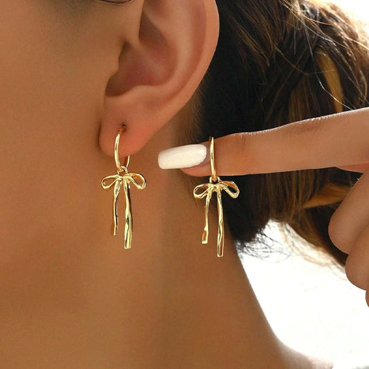 Dainty Coquette Bow Gold Statement Earrings - Womens