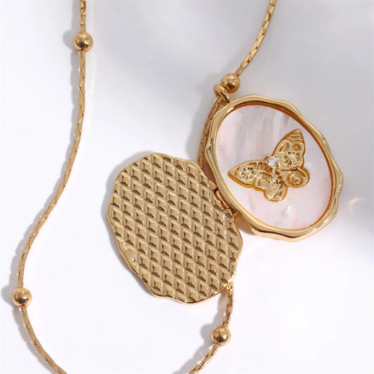 Butterfly Seahell Photo Locket Gold Pendant Necklace - Womens