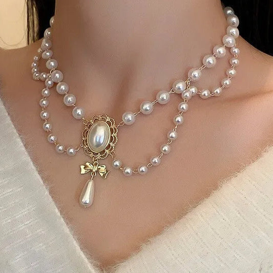 Coquette Pearl Bow Vintage Choker Necklace - Womens