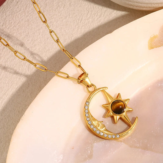 Crescent Moon Star Zircon Gold Pendant Necklace - Womens
