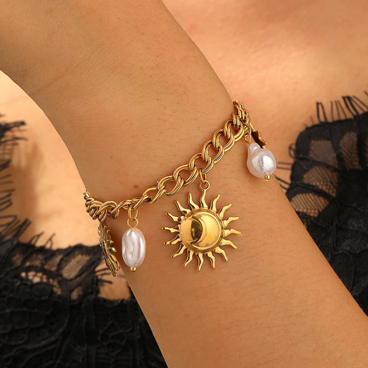 Boho Sun Pearl Pendant Gold Charm Bracelet - Stainless Steel - Womens
