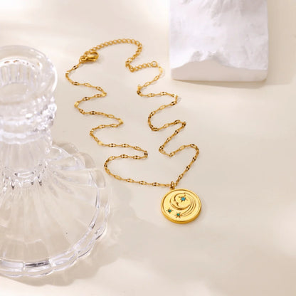 Star and Moon Pendant Gold Coin Necklace - Womens