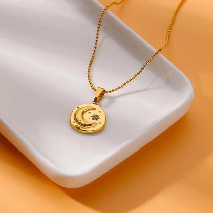 Blue Zircon Moon and Star Pendant Gold Charm Necklace - Stainless Steel - Womens