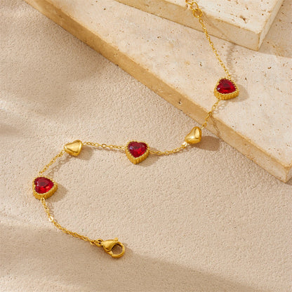 Vintage Red Zircon Inlay Heart Gold Charm Bracelet - Womens