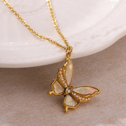 Y2K Zircon Shell Butterfly Gold Pendant Necklace - Womens