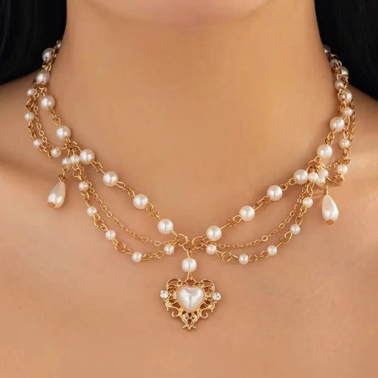 Coquette Vintage Pearl Heart Pendant Choker Necklace - Silver & Gold - Womens