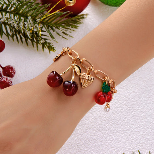 Coquette Cherry, Heart & Bow Gold Adjustable Charm Bracelet - Womens