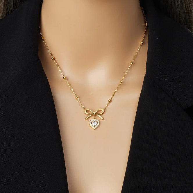 Coquette Bow Ribbon Zircon Heart Gold Pendant Necklace - Womens