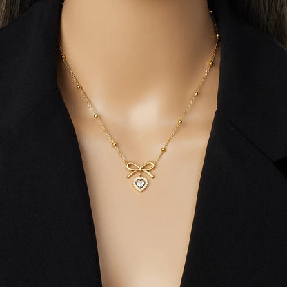 Coquette Bow Ribbon Zircon Heart Gold Pendant Necklace - Womens