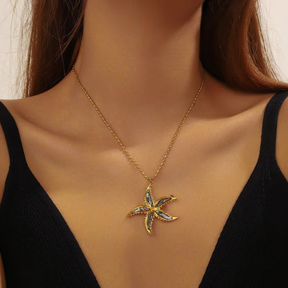 Boho Beach Abalone Shell Starfish Gold Pendant Necklace - Stainless Steel - Womens