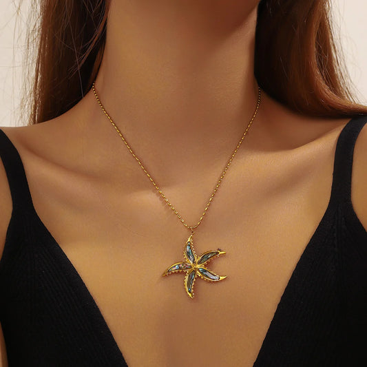 Boho Beach Abalone Shell Starfish Gold Pendant Necklace - Stainless Steel - Womens