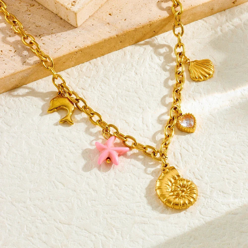 Boho Beach Starfish Conch Seashell Heart Pendant Gold Charm Necklace - Stainless Steel - Womens