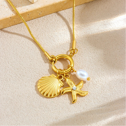 Zircon Beach Starfish Pearl Seashell Gold Pendant Necklace - Womens