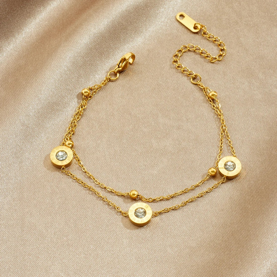 Zircon Gemstone Roman Numerals Round Inlay Gold Bracelet Set - Stainless Steel - Womens