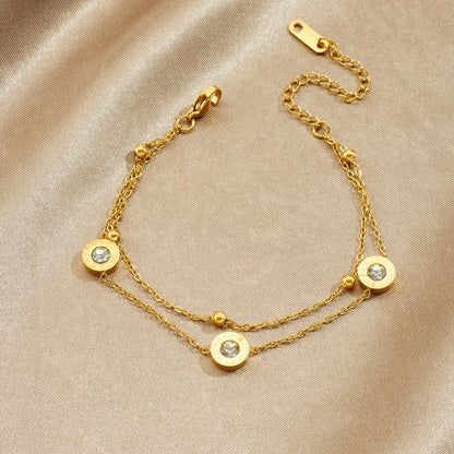 Zircon Gemstone Roman Numerals Round Inlay Gold Bracelet Set - Stainless Steel - Womens